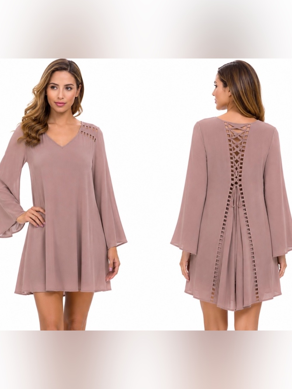 Lace-Up Back Dress with Bell Sleeves